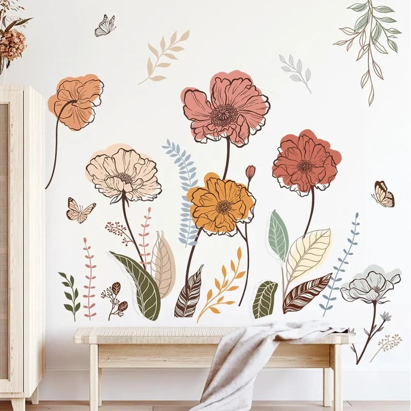 Wondever Boho Flower Wall Stickers Wildflower Floral Grass Peel and Stick Wall Art Decals For Living Room Bedroom TV Wall