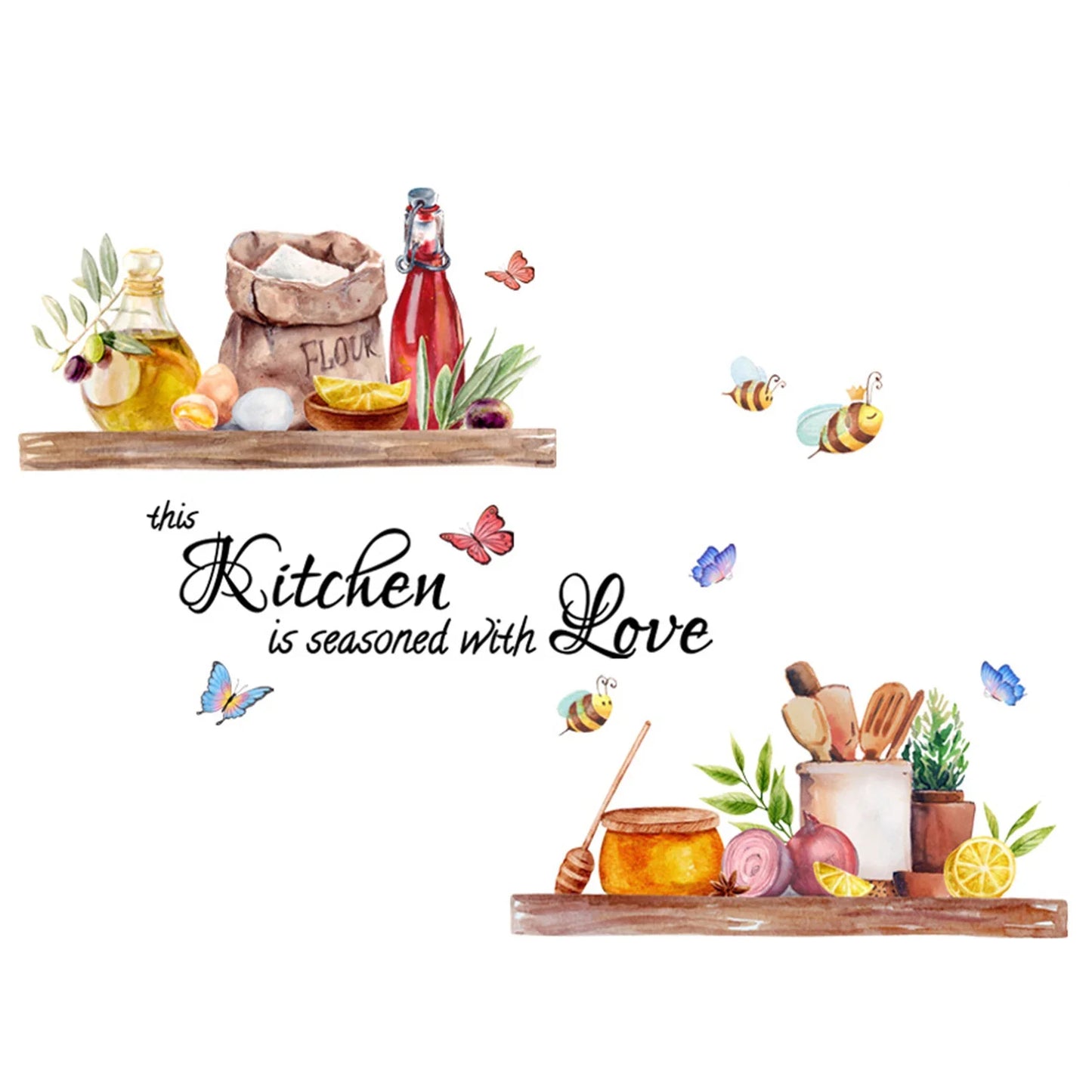 Kitchen Bee Butterfly Cartoon Wall Sticker Classic Background Wall Home Decor Personalized Home Decoration Household DIY Supplie