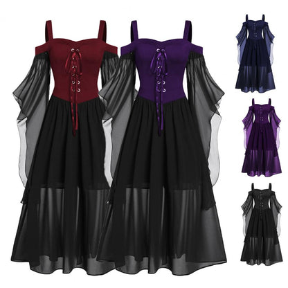 2022 Gothic Medieval Dress Cosplay Carnival Dresses Women Cold Shoulder Butterfly Sleeve Lace Up Halloween Dress Robe Femme