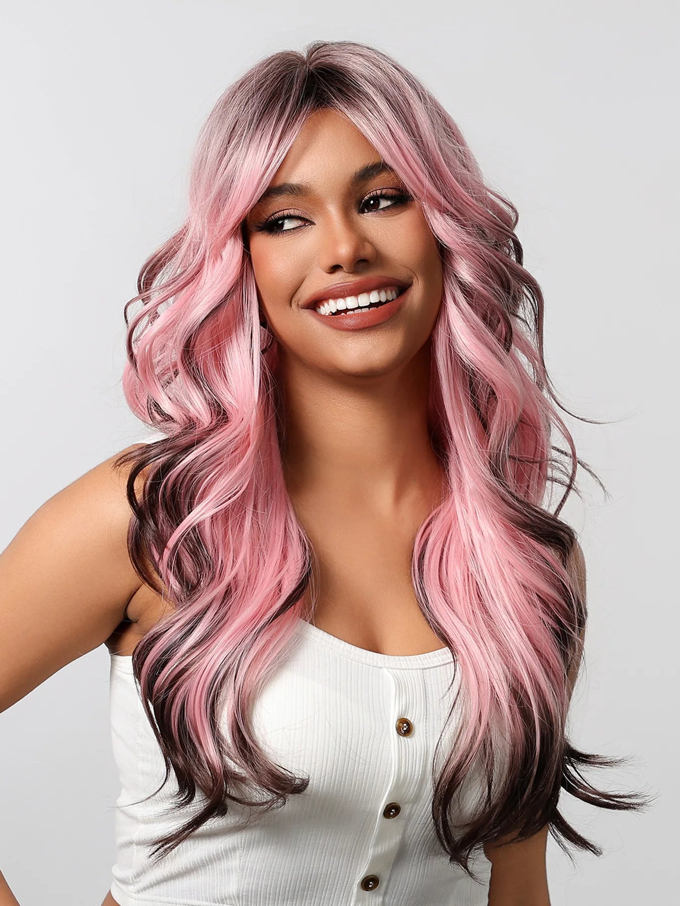 Black Pink Ombre Synthetic Wigs Long Body Wave Colored Wigs with Bangs Loose Wave Wig for Afro Women Brazilian Halloween Cosplay