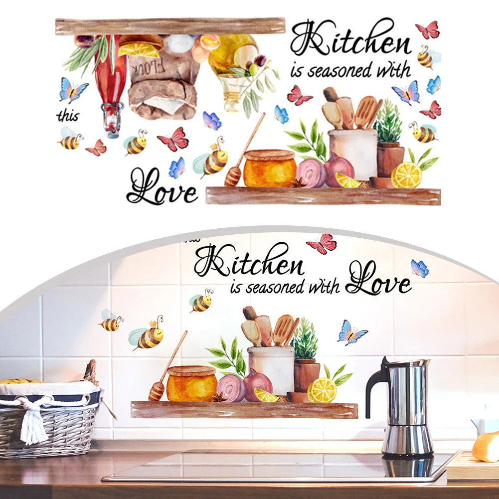 48x68cm English Kitchen Bee Butterfly Cartoon Wall Sticker Classic Background Wall Living Room Kitchen Home Decor Wall Sticker