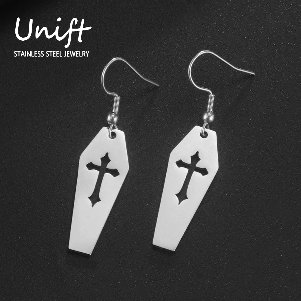 Gothic Death Cross Cutout Coffin Earrings Drop Earring Women Stainless Steel Goth Punk Jewelry Y2k Accessories Halloween Gift