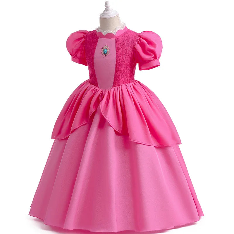 Princess Peach Chiffon Lace Girls Cosplay Dress Baby Kids Vestidos Party Dresses Carnival Halloween Costume for 3-11 years