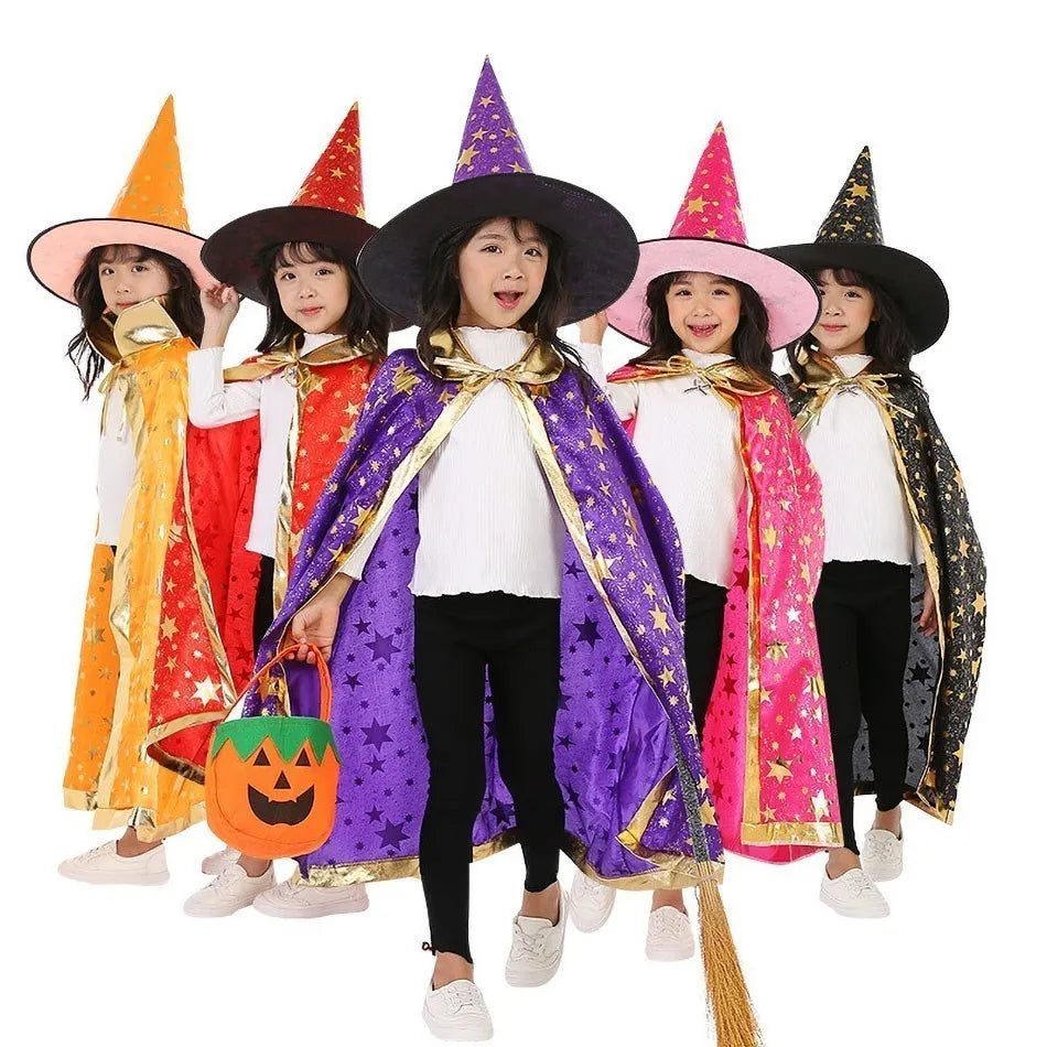 Kids Costume Teens Sparkly Halloween Cloak with Witch Hat Children Outfit Boy Girl Birthday Dress Up Long Party Photography Prop