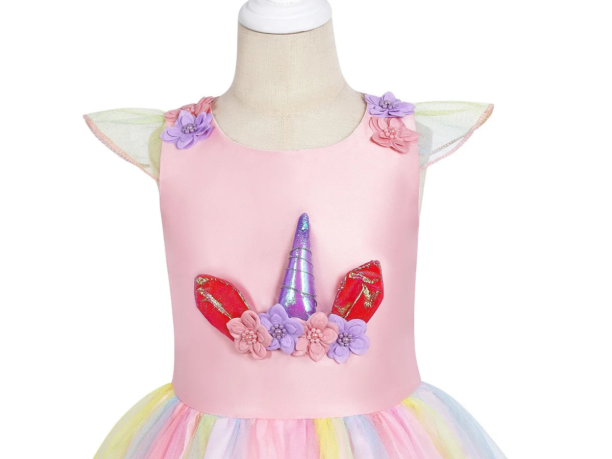 Girls Rainbow Unicorn Dance Party Tutu Kids Dress Up Cosplay Ball Gown Princess Costume Birthday Gift Halloween Carnival