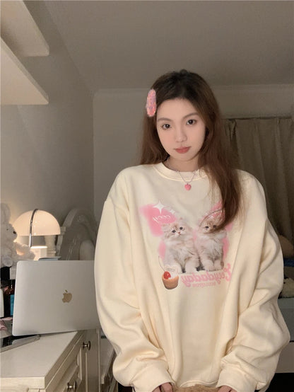 Chic Sweet O-neck Printed Hoodie Women Aesthetic Cartoon Kawaii Clothes Loose Casual Long Sleeve Y2K Top Harajuku Sweatshirts