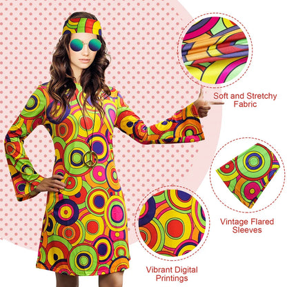 5pcs Set 60s 70s Women Hippie Costume Accessories Hippie Disco Dress , Halloween Boho Flared Hippie Dress