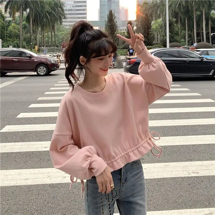 Cropped Sweatshirts Women Long Sleeve Autumn Clothing All-match Drawstring Elegant Students Solid Casual Streetwear Cute Sweet