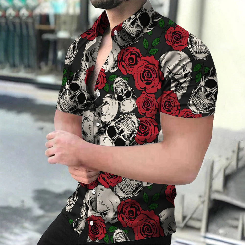 2023 News Hawaiian Horror Skull Men's Shirt Floral 3D Print Lapel Single Button Fashion Casual Beach Top Passionate And Spicy