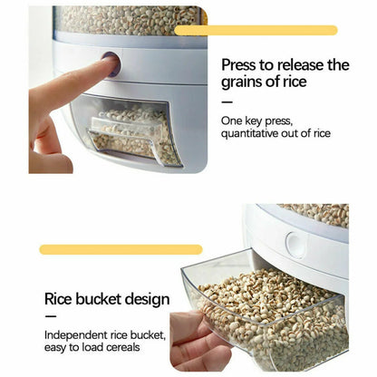 360° Rotating Food Dispenser Large-Capacity Storage Bucket Container 6-Grid Cereal Rice Sealed Tank Grain Box For Kitchen