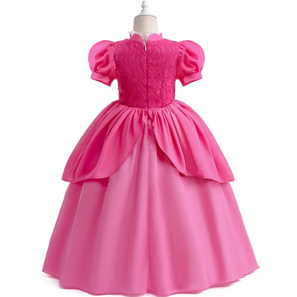 Princess Peach Chiffon Lace Girls Cosplay Dress Baby Kids Vestidos Party Dresses Carnival Halloween Costume for 3-11 years