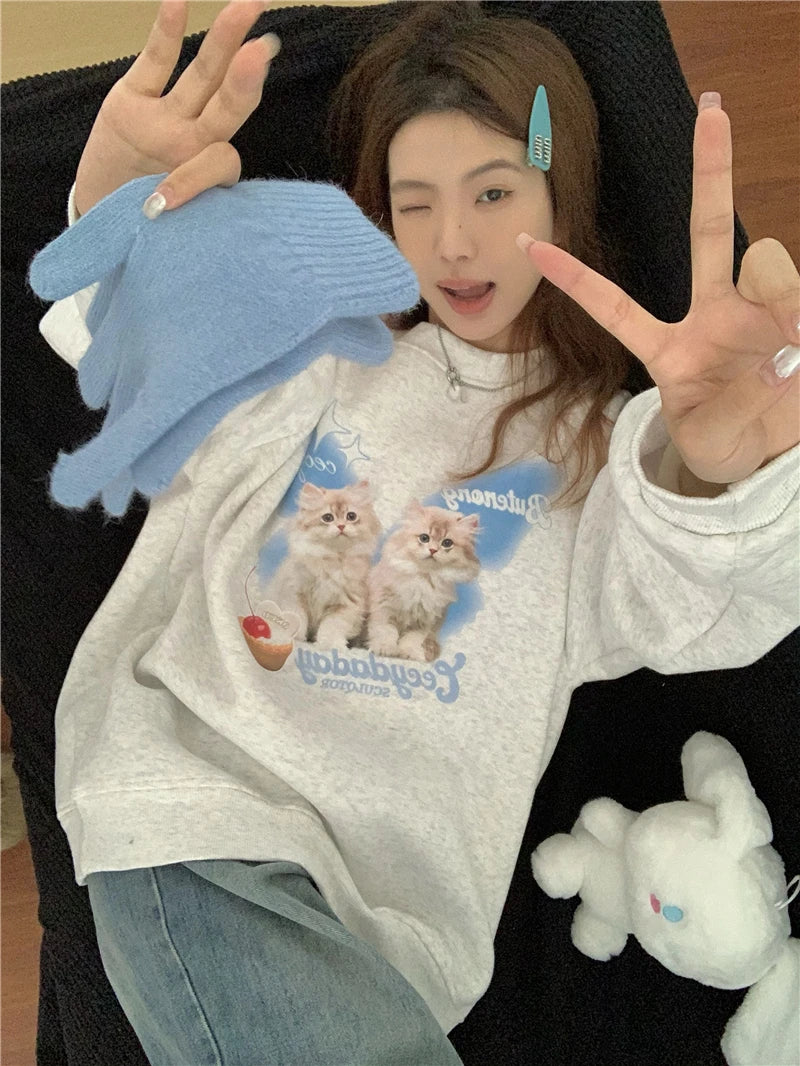 Chic Sweet O-neck Printed Hoodie Women Aesthetic Cartoon Kawaii Clothes Loose Casual Long Sleeve Y2K Top Harajuku Sweatshirts