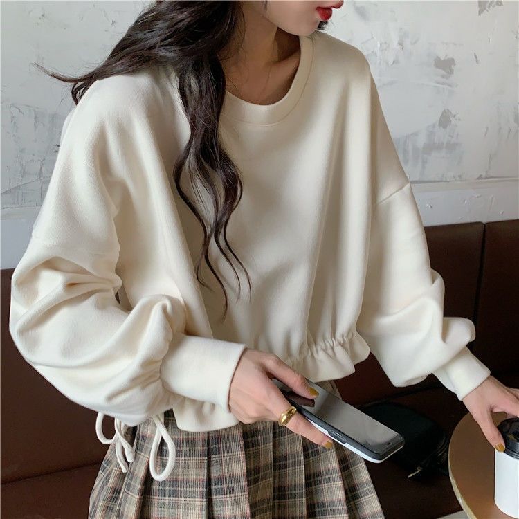 Cropped Sweatshirts Women Long Sleeve Autumn Clothing All-match Drawstring Elegant Students Solid Casual Streetwear Cute Sweet