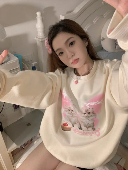 Chic Sweet O-neck Printed Hoodie Women Aesthetic Cartoon Kawaii Clothes Loose Casual Long Sleeve Y2K Top Harajuku Sweatshirts