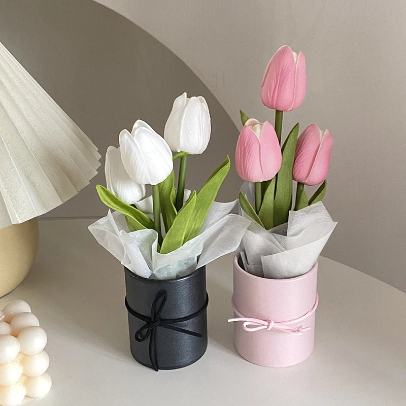 Artificial Tulip Flower Bucket Mini PU Tulip Barrel Packaged Bouquet DIY Fake Tulip Flower Birthday Gifts Car Interior Decor