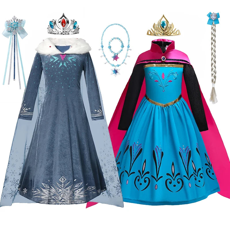 2024 Winter Kid Elsa Anna Costume Girl Birthday Dress Children Snow Queen Performance Fantasy Princess Evening Halloween Costume