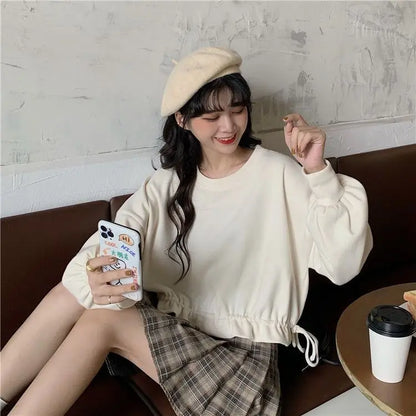 Cropped Sweatshirts Women Long Sleeve Autumn Clothing All-match Drawstring Elegant Students Solid Casual Streetwear Cute Sweet