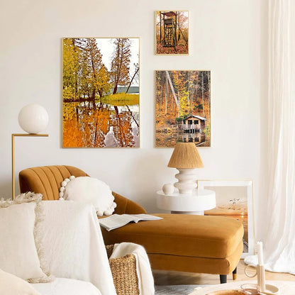 Autumn Decoration Canvas Poster Yellow Leaves Fall View Wall Art Print Pumpkin Painting Halloween Picture Living Room Home Decor