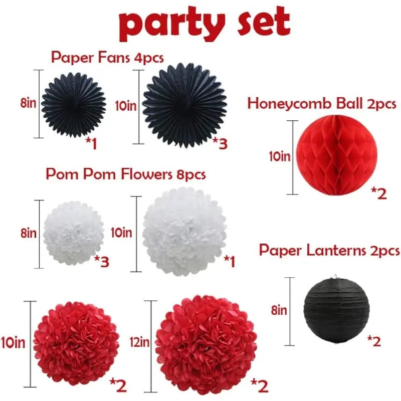 Red White Black Holloween Party Decoration 16pcs Paper Pom Poms Honeycomb Balls Lanterns Tissue Fans for Ladybird Birthday Party