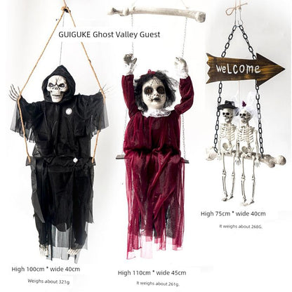 New Arrival Halloween Hanging Swing Chain Hanging Ghost Voice Control Lighting Skull Haunted House Horror Decoration Pendant Manufacturer