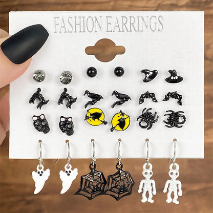 FNIO Christmas Halloween Earring Set Women Bat Pumpkin Lamp Spider Web Skeleton Ghost Cross Pendant Ear Studs Jewelry