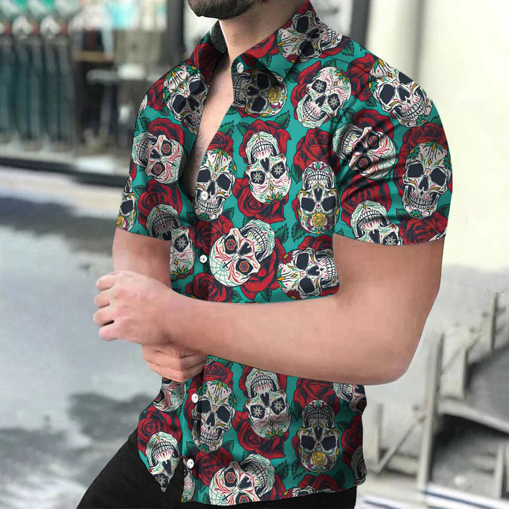 2023 News Hawaiian Horror Skull Men's Shirt Floral 3D Print Lapel Single Button Fashion Casual Beach Top Passionate And Spicy