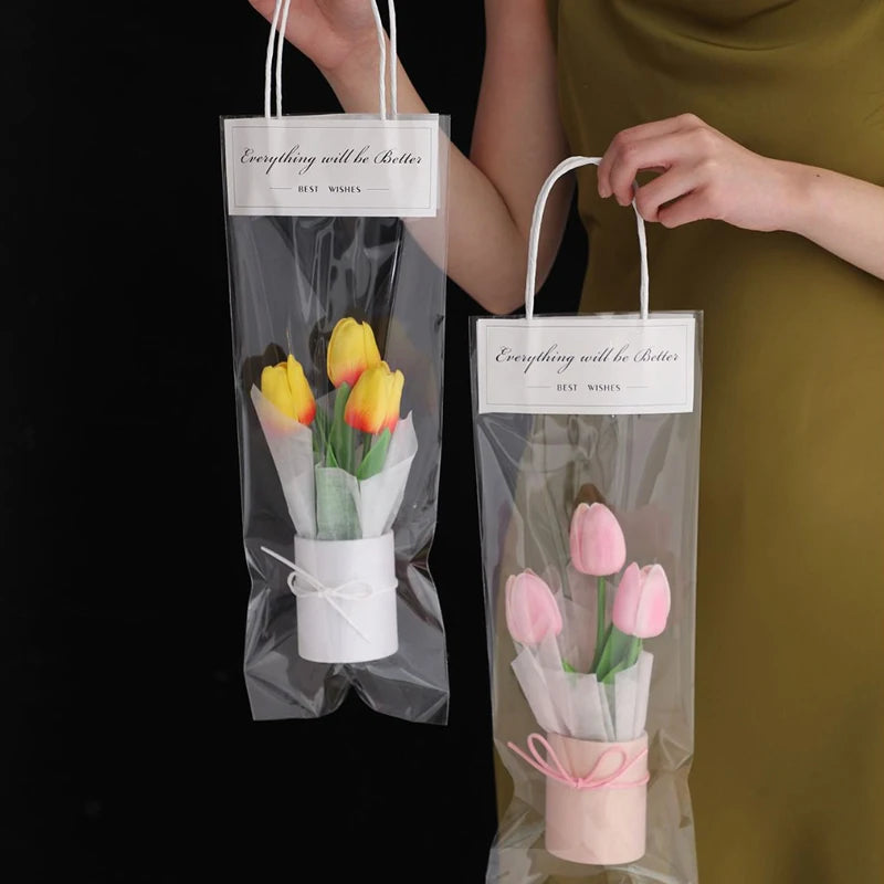 Artificial Tulip Flower Bucket Mini PU Tulip Barrel Packaged Bouquet DIY Fake Tulip Flower Birthday Gifts Car Interior Decor