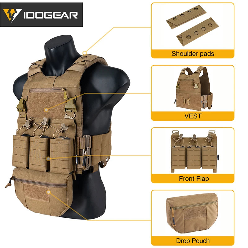 IDOGEAR Tactical FCSK 3.0EX Plate Carrier MOLLE Vest  with Triple Magazine Pouch For 5.56mm Drop Pouch Shoulder Pads