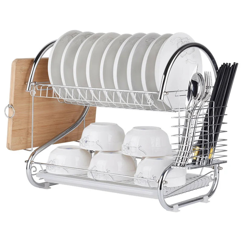 Dish Drying Rack Stainless Steel Dish Rack for Kitchen 2 Tier Rust- Proof Dish Drainer with Drying Board and Dishwasher