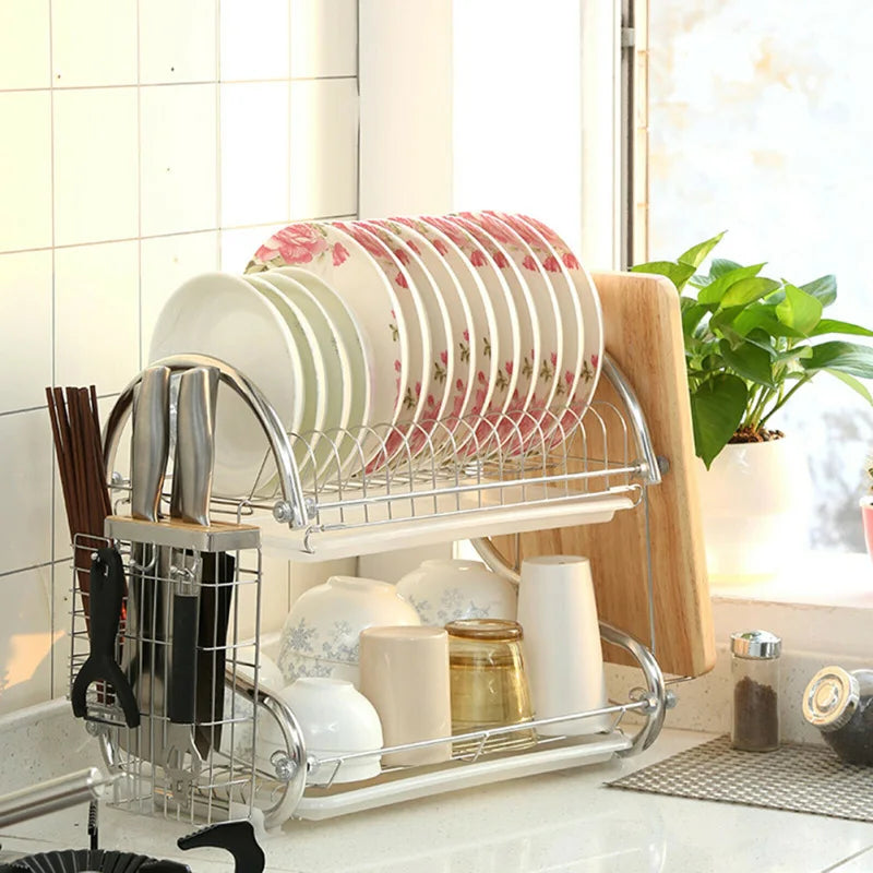 Dish Drying Rack Stainless Steel Dish Rack for Kitchen 2 Tier Rust- Proof Dish Drainer with Drying Board and Dishwasher