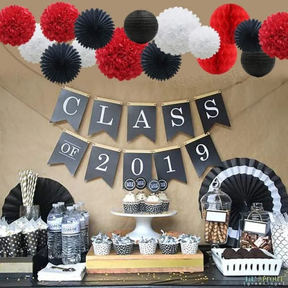 Red White Black Holloween Party Decoration 16pcs Paper Pom Poms Honeycomb Balls Lanterns Tissue Fans for Ladybird Birthday Party