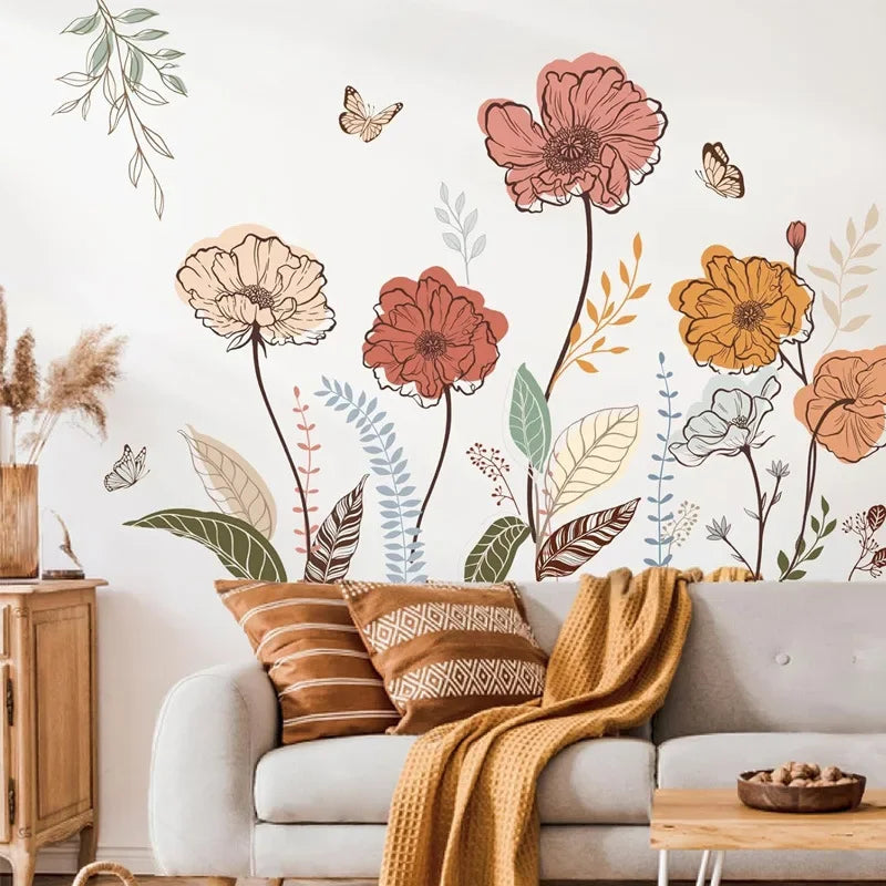 Wondever Boho Flower Wall Stickers Wildflower Floral Grass Peel and Stick Wall Art Decals For Living Room Bedroom TV Wall