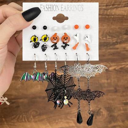 FNIO Christmas Halloween Earring Set Women Bat Pumpkin Lamp Spider Web Skeleton Ghost Cross Pendant Ear Studs Jewelry