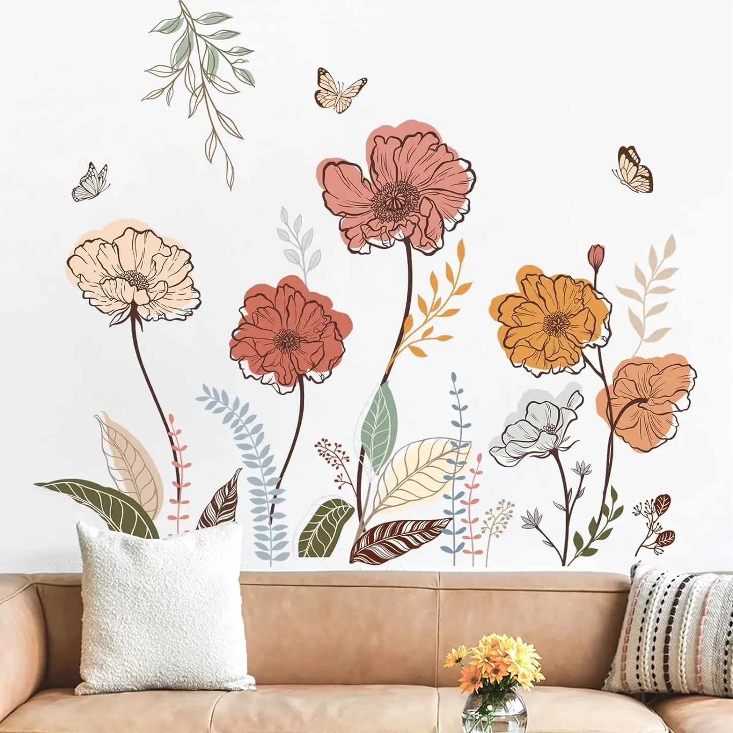 Wondever Boho Flower Wall Stickers Wildflower Floral Grass Peel and Stick Wall Art Decals For Living Room Bedroom TV Wall