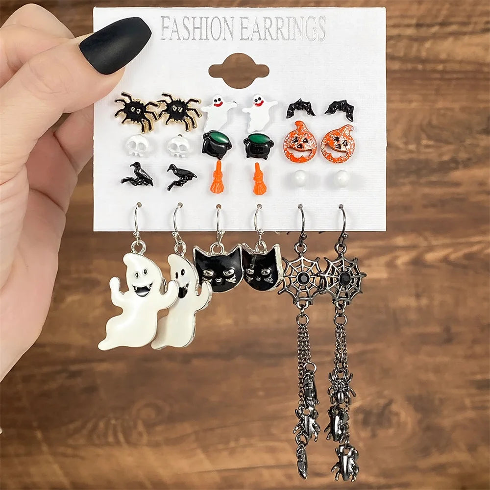 FNIO Christmas Halloween Earring Set Women Bat Pumpkin Lamp Spider Web Skeleton Ghost Cross Pendant Ear Studs Jewelry