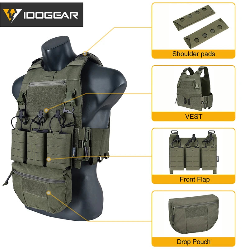 IDOGEAR Tactical FCSK 3.0EX Plate Carrier MOLLE Vest  with Triple Magazine Pouch For 5.56mm Drop Pouch Shoulder Pads