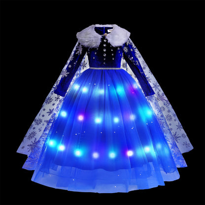 Disney 2024 Evening Party Girls LED Lights Frozen Elsa Anna Princess Ariel Dress Coslplay Halloween Luminous Prom Gowns