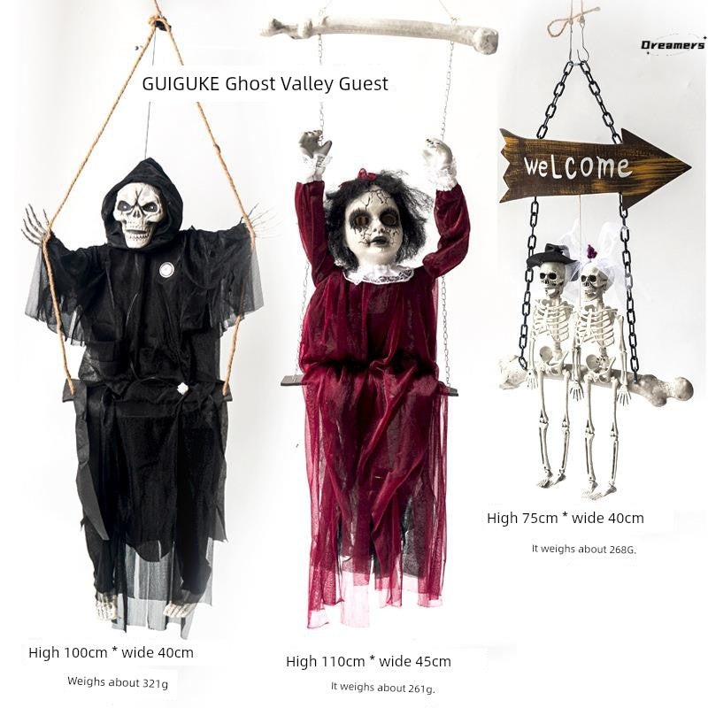 New Arrival Halloween Hanging Swing Chain Hanging Ghost Voice Control Lighting Skull Haunted House Horror Decoration Pendant Manufacturer