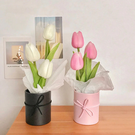 Artificial Tulip Flower Bucket Mini PU Tulip Barrel Packaged Bouquet DIY Fake Tulip Flower Birthday Gifts Car Interior Decor