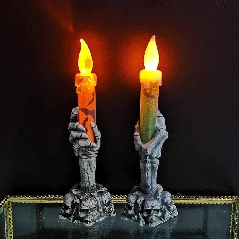 1PCS Halloween LED Lights Skull Ghost Holding Candle Lamp Holloween Party Table Top Decorations for Home Haunted House Ornaments