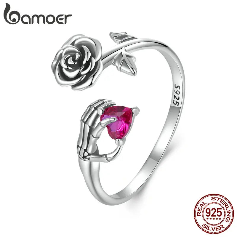 BAMOER Genuine 925 Sterling Silver Rose Skeleton Hand  Open Ring for Women Halloween Silver Finger Ring Fine Jewelry Party Gift