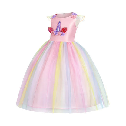 Girls Rainbow Unicorn Dance Party Tutu Kids Dress Up Cosplay Ball Gown Princess Costume Birthday Gift Halloween Carnival