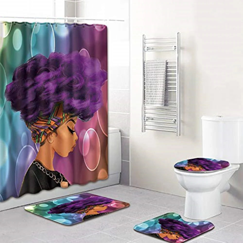 Fashion Elegant Afro Black Girl Shower Curtain Set Fantasy Galaxy Ethnic Sexy African American Woman Bathroom Rug Toilet Carpet