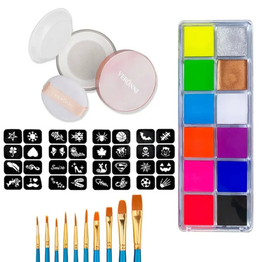 12 Face Painting Kit Body Makeup & 3 Colors Loose Powder Non Toxic Water Paint Oil with Brush Painting Halloween Cosplay Party