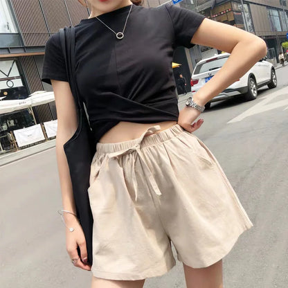 Casual Linen Shorts Women Gym Workout Shorts Cotton Short Pants High Waisted Black Ladies Short Femme Women Shorts Sport Femme