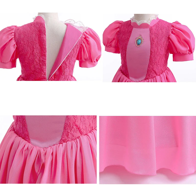 Princess Peach Chiffon Lace Girls Cosplay Dress Baby Kids Vestidos Party Dresses Carnival Halloween Costume for 3-11 years