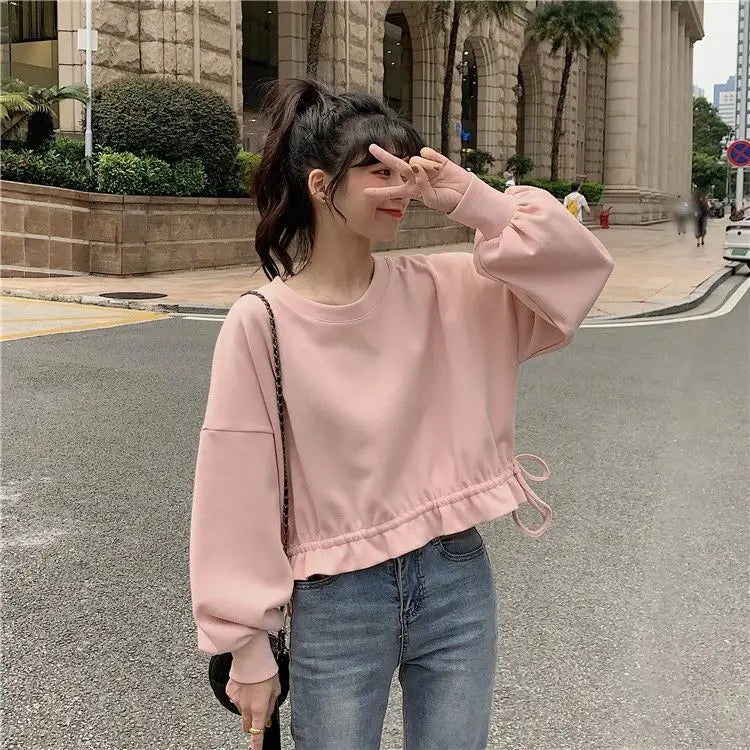 Cropped Sweatshirts Women Long Sleeve Autumn Clothing All-match Drawstring Elegant Students Solid Casual Streetwear Cute Sweet