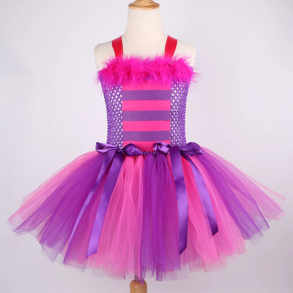 Cheshire Cat Tutu Dress Girls Halloween Carnival Party Clothes Wonderland Alice Cat Costume Kids Fancy Fairy Tale Princess Dress