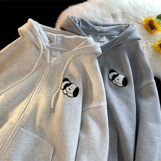 Women Aesthetic Hoodies Gray Cartoon Puppy Printed Sweatshirts Y2K Zip Up Autumn Vintage Oversized Hoodies With Pockets Teens