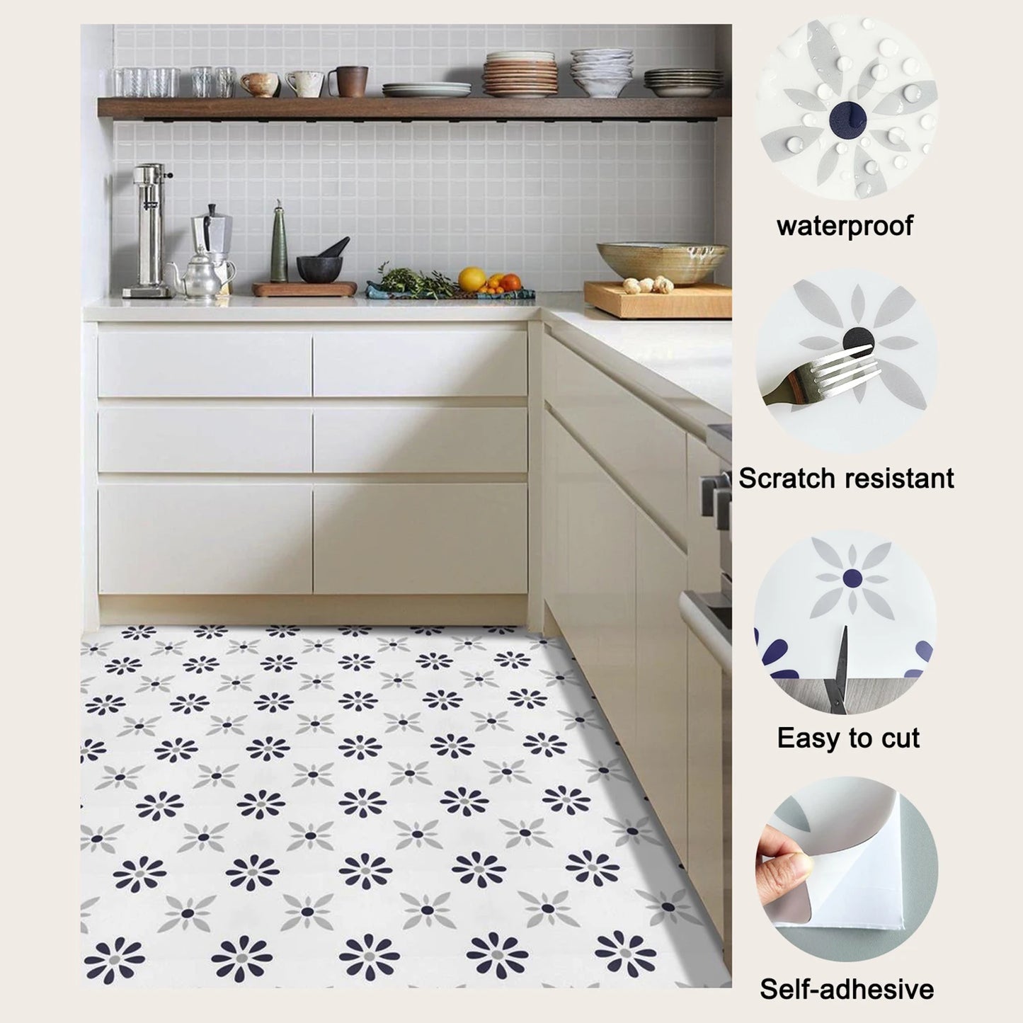 Kitchen&Bathroom Floor Tiles 20x20 cm Peel and Stick Waterproof Wall & floor Stickers Anti-slip for Home Decor